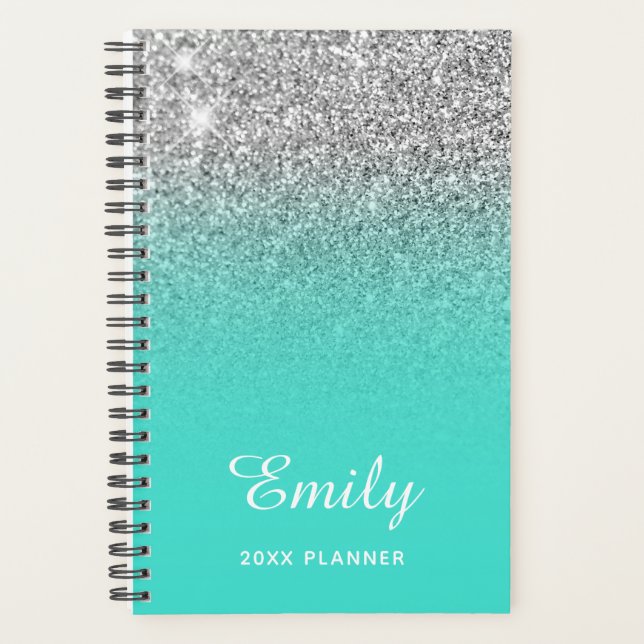 Türkis Silver Glitzer Ombre Personalisiert Planer (Vorderseite)