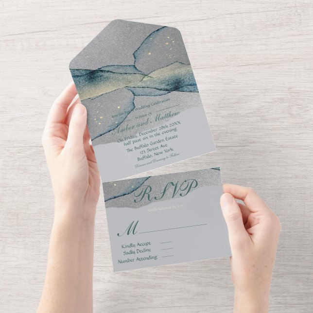 Türkis Silver Gold Alkohol Tinte Hochzeit All In One Einladung (Abreißen)