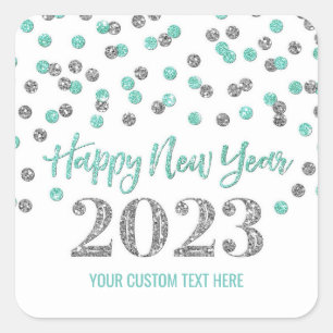 Türkis Silver Happy New Year 2023 Quadratischer Aufkleber
