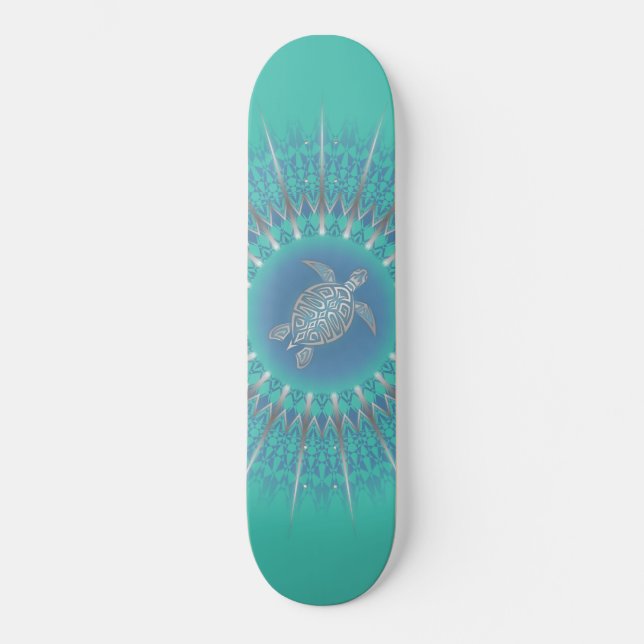 Türkis Silver Turtle Mandala Skateboard (Vorderseite)