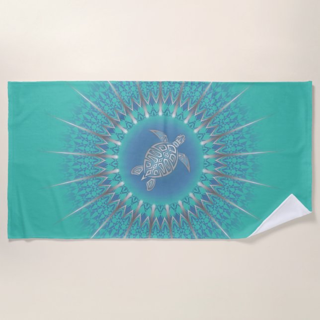 Türkis Silver Turtle Mandala Strandtuch (Vorderseite)
