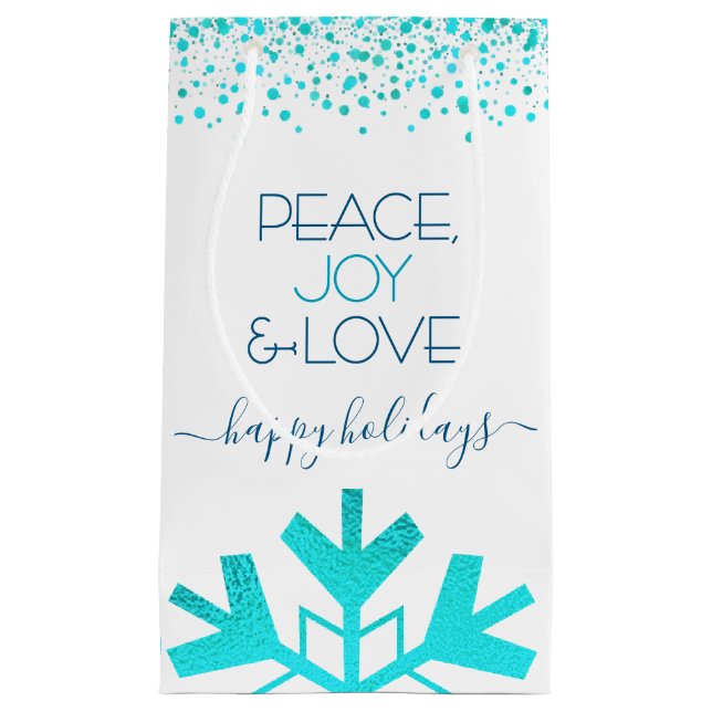 Türkis Snowflake Peace Joy Liebe Bold Typografy Kleine Geschenktüte (Vorderseite)