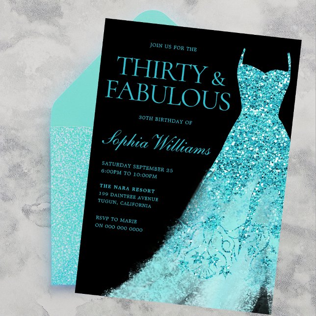 Türkis Sparkle Dress Black 30. Geburtstag Party Einladung (Von Creator hochgeladen)