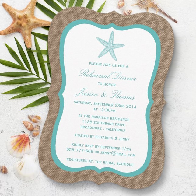 Türkis Starfish Burlap Beach Probe Dinner Einladung (Von Creator hochgeladen)