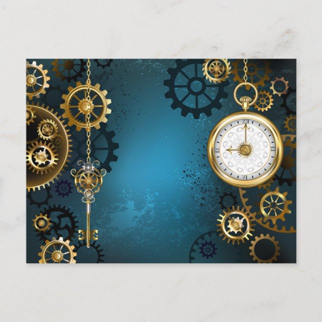 Türkis-Steampunkirche Hintergrund mit Gears Ankündigungspostkarte (Vorderseite)