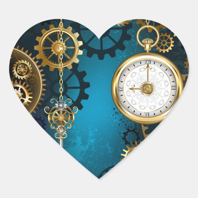 Türkis-Steampunkirche Hintergrund mit Gears Herz-Aufkleber (Vorderseite)