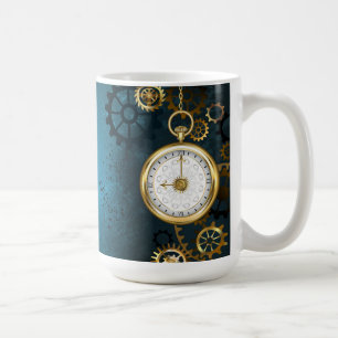 Türkis-Steampunkirche Hintergrund mit Gears Kaffeetasse