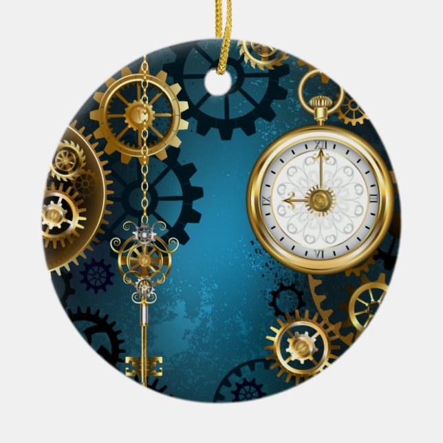 Türkis-Steampunkirche Hintergrund mit Gears Keramik Ornament (Vorne)