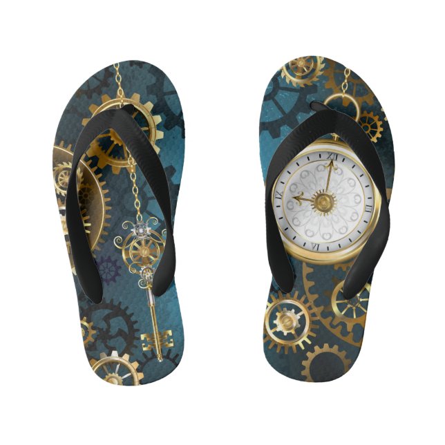 Türkis-Steampunkirche Hintergrund mit Gears Kinderbadesandalen (Fußbett)