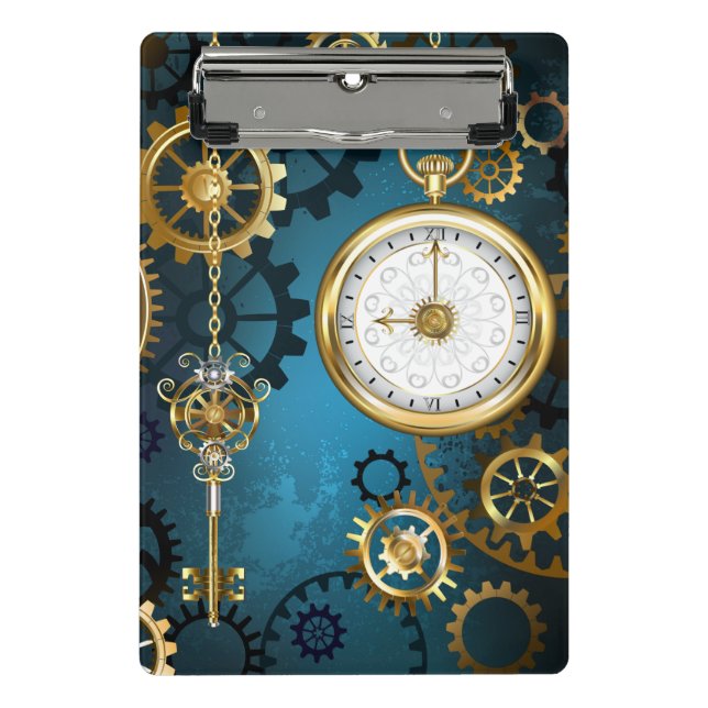 Türkis-Steampunkirche Hintergrund mit Gears Mini Klemmbrett (Vorderseite)