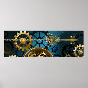 Türkis-Steampunkirche Hintergrund mit Gears Poster