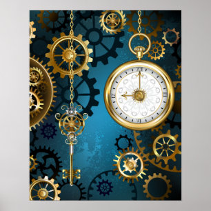 Türkis-Steampunkirche Hintergrund mit Gears Poster