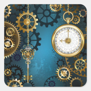 Türkis-Steampunkirche Hintergrund mit Gears Quadratischer Aufkleber