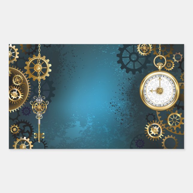 Türkis-Steampunkirche Hintergrund mit Gears Rechteckiger Aufkleber (Vorderseite)