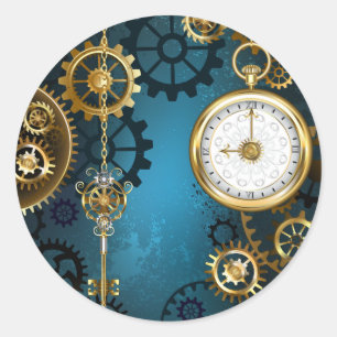 Türkis-Steampunkirche Hintergrund mit Gears Runder Aufkleber