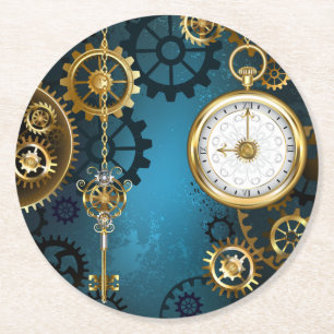 Türkis-Steampunkirche Hintergrund mit Gears Runder Pappuntersetzer