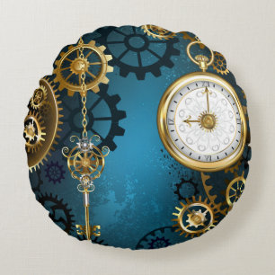 Türkis-Steampunkirche Hintergrund mit Gears Rundes Kissen