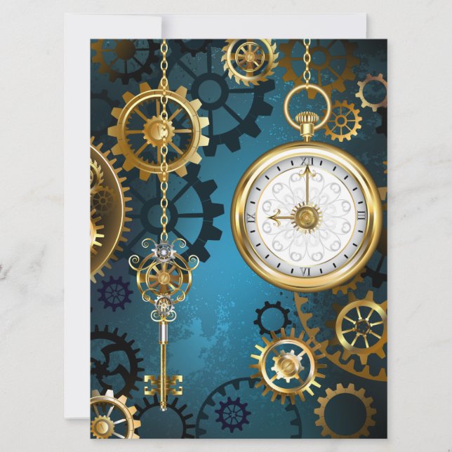 Türkis-Steampunkirche Hintergrund mit Gears Save The Date (Vorderseite)