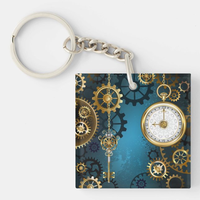 Türkis-Steampunkirche Hintergrund mit Gears Schlüsselanhänger (Vorderseite)