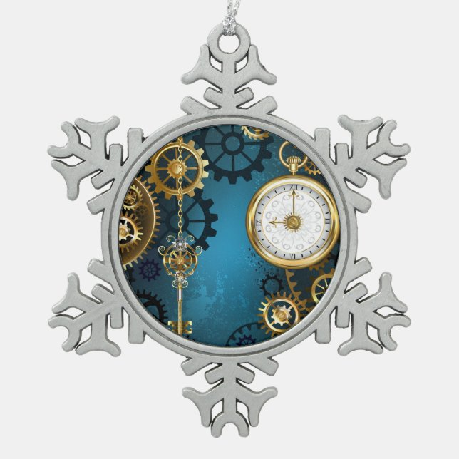Türkis-Steampunkirche Hintergrund mit Gears Schneeflocken Zinn-Ornament (Vorderseite)