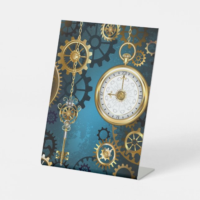 Türkis-Steampunkirche Hintergrund mit Gears Sockelschild (Vorderseite)