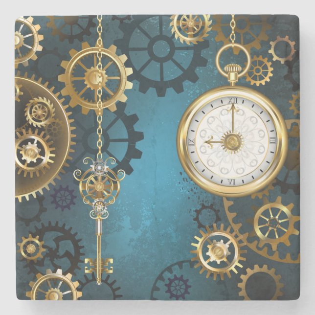Türkis-Steampunkirche Hintergrund mit Gears Steinuntersetzer (Vorderseite)