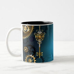 Türkis-Steampunkirche Hintergrund mit Gears Zweifarbige Tasse