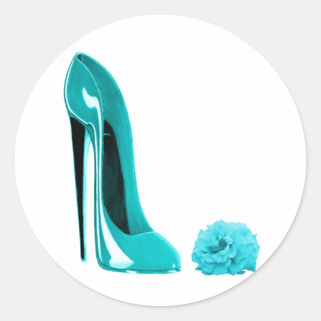 Türkis Stiletto Schuhe und Rose Runder Aufkleber (Vorderseite)