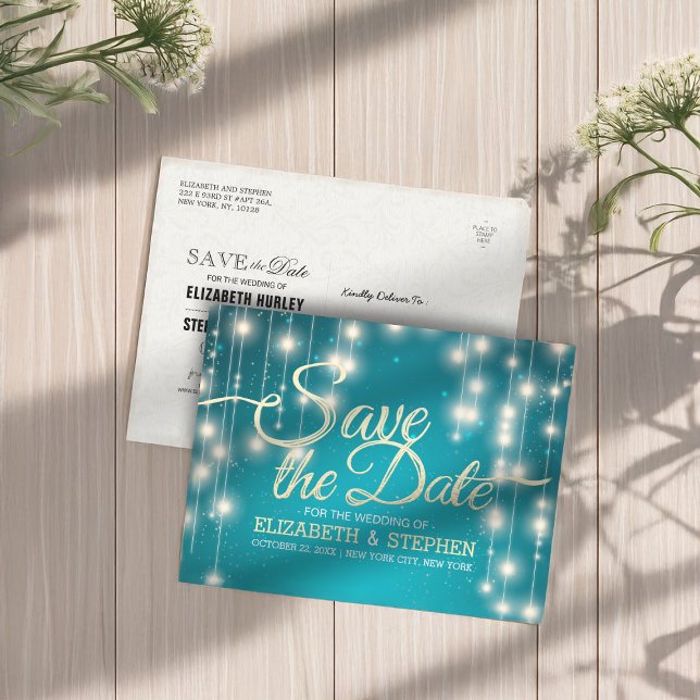 Türkis String Lights Gold Script Save the Date Ankündigungspostkarte (Von Creator hochgeladen)