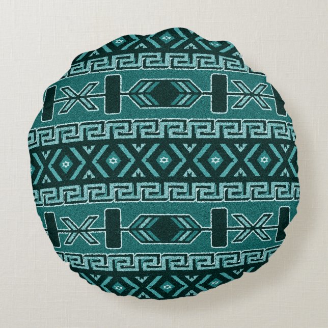 Türkis Südwest Tribal Aztec Muster Rundes Kissen (Rückseite)