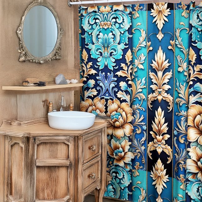 Türkis Tan Floral Damask Tile Western Style Duschvorhang (turquoise and teal blue western floral damask pattern shower curtain southwestern bathroom deco idea)