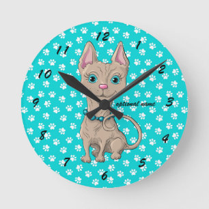Türkis-Tatzen-Druck Sphynx Katzen-Wanduhr Runde Wanduhr