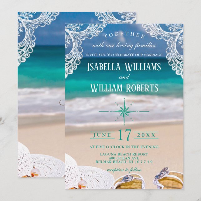 Türkis Tropical Beach Sommerhochzeit Einladung (Vorne/Hinten)
