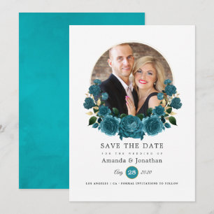 Türkis - Türkisblaue und Goldene Florale Hochzeits Save The Date