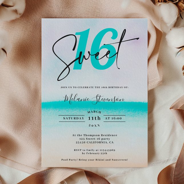 Türkis-türkisfarbene Strandbrille, süß 16 Einladung (Tropical turquoise beach ombre script sweet 16 invitation)