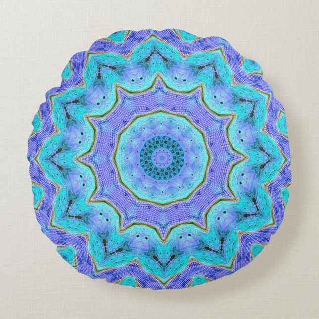 Türkis u. lila Meditationmandala-rundes Kissen (Vorderseite)