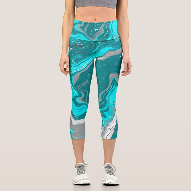 Türkis und Aquamarines Marmorwasser Kunst Capri Leggings (Vorderseite)