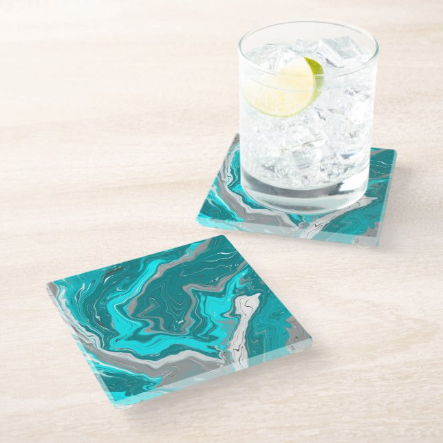 Türkis und Aquamarines Marmorwasser Kunst Glasuntersetzer (Schrägansicht)