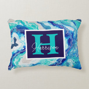 Türkis und Blauer Marmor Monogram Name Beachy Dekokissen