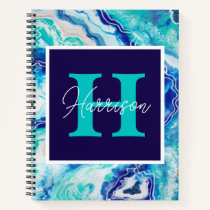 Türkis und Blauer Marmor Monogram Name Beachy Notizbuch