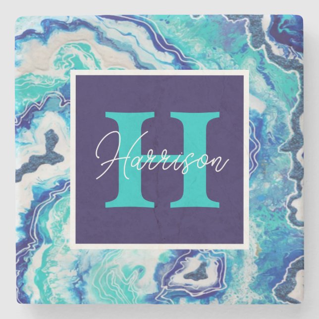 Türkis und Blauer Marmor Monogram Name Trendy Steinuntersetzer (Vorderseite)