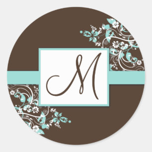 Türkis und Braun-Monogramm-Hochzeitskleber Runder Aufkleber