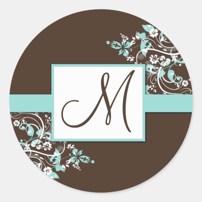 Türkis und Braun-Monogramm-Hochzeitskleber Runder Aufkleber (Vorderseite)