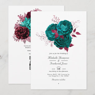 Türkis und Burgund-Floral QR-Code Hochzeit Einladung
