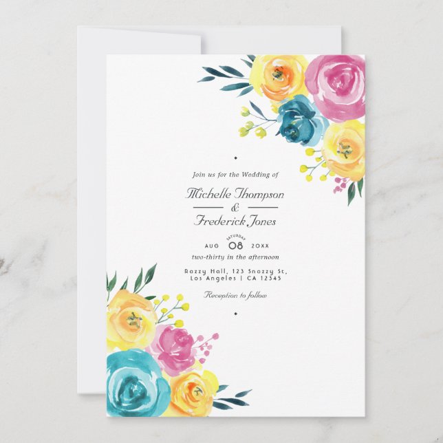 Türkis und Gelb-Flora QR-Code UAWG Wedding Einladung (Vorderseite)