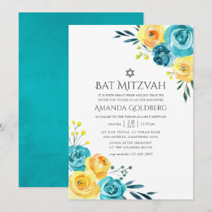 Türkis und Gelbe Flora Bat Mitzvah Einladung