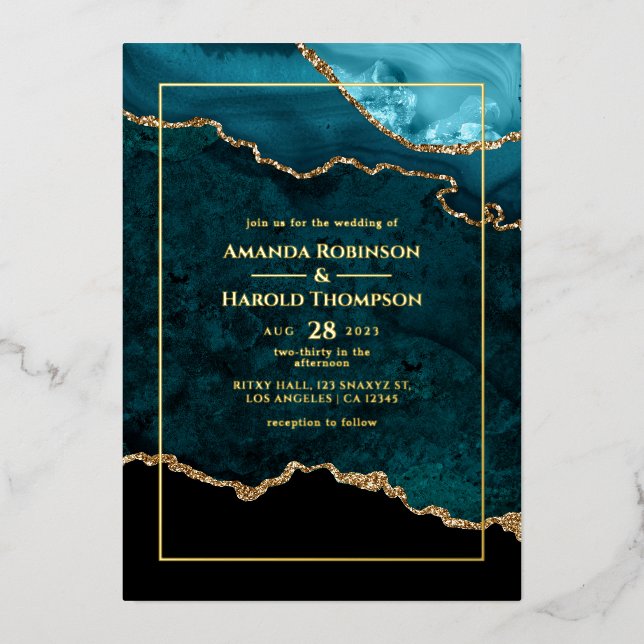 Türkis und Gold Agate Hochzeitsfoil Einladung (Vorderseite)