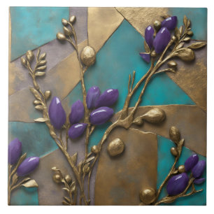 Türkis- und Gold-Blumenreliefkunst mit Lila Fliese