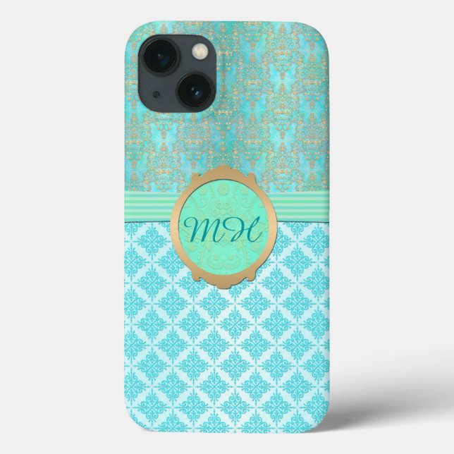 Türkis und Gold Damask Custom Monogram Muster Case-Mate iPhone Hülle (Rückseite)