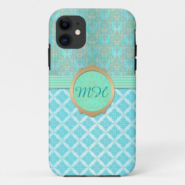 Türkis und Gold Damask Custom Monogram Muster Case-Mate iPhone Hülle (Rückseite)